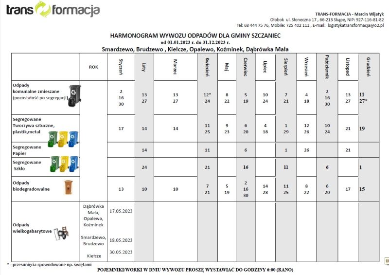 HARMONOGRAM WYWOZU ODPADÓW W GMINIE SZCZANIEC W 2023 R Gmina Szczaniec